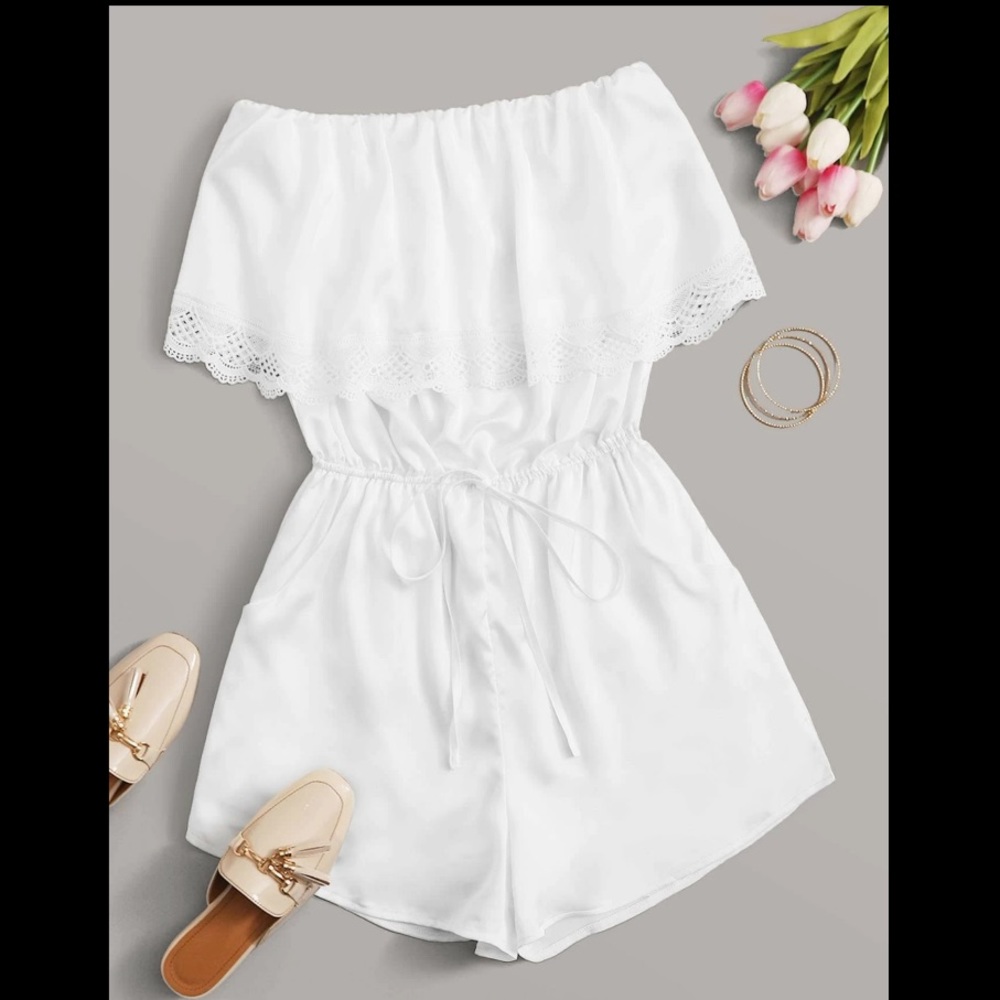 (SM) White Silk Short Lace Romper